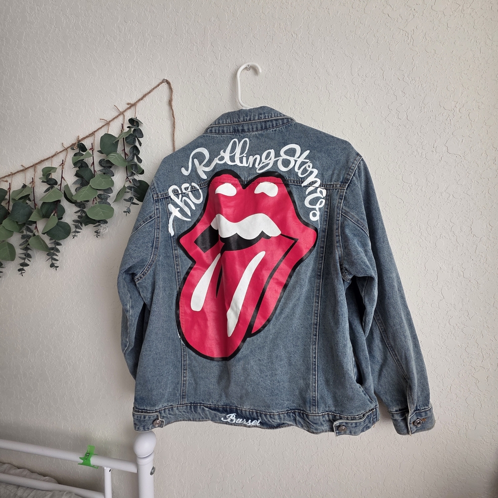 The Rolling Stones Denim Jacket with Iconic Tongue Logo - Blue & Pink